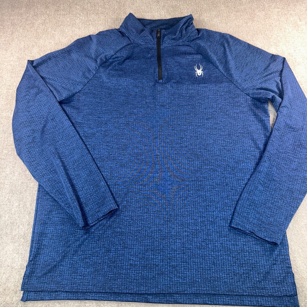 Spyder Active Mens Large Blue Heathered Grid 1/4 Zip Pullover Long Sleeve Shirt